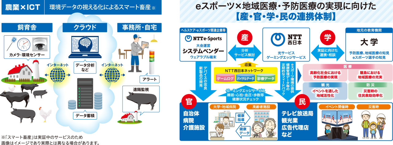 農業 X ICT 環境データの視える化によるスマート畜産のイメージ、eスポーツx地域医療・予防医療の実現に向けた【産・官・学・民の連携体制】のイメージ