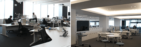 フリーアドレス化を実現したオフィスでは、業務形態に合わせ自由に自席を設定可能（左）。加えて、各フロアの中央には、ノートパソコンなどを持ち寄って気軽にミーティングが行えるスペースも完備（右）