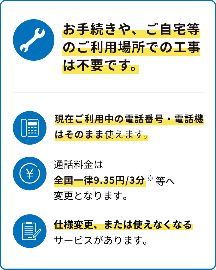 お手続きや、ご自宅等のご利用場所での工事は不要です。現在ご利用中の電話番号・電話機はそのまま使えます。通話料金は全国一律9.35円/3分(180秒)※等へ変更となる予定です。仕様変更、または終了となるサービスがあります。