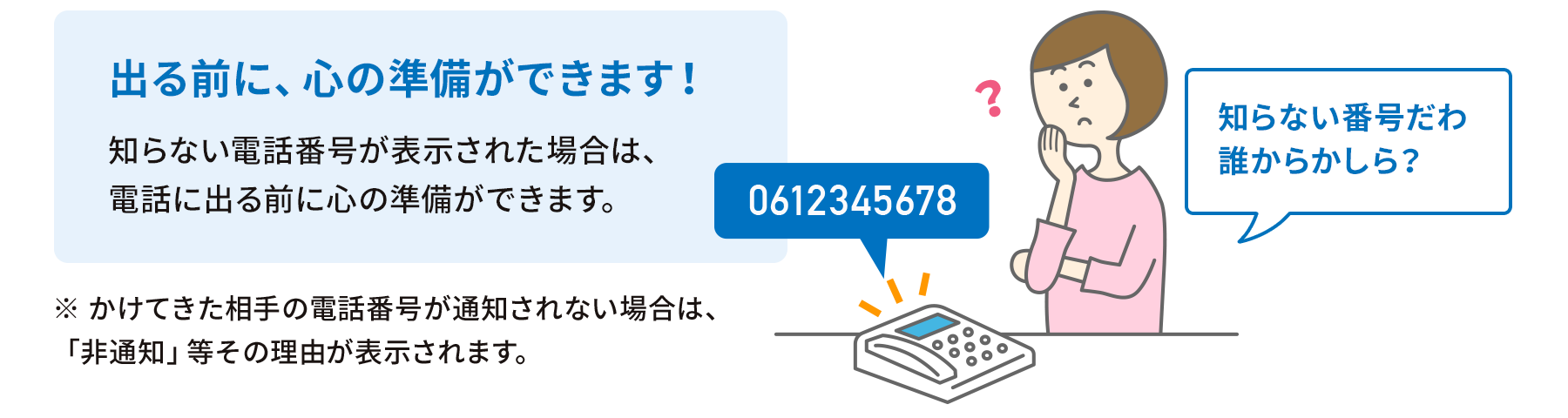 出る前に、心の準備ができます！知らない電話番号が表示された場合は、電話に出る前に心の準備ができます。※かけてきた相手の電話番号が通知されない場合は、「非通知」などその理由が表示されます。