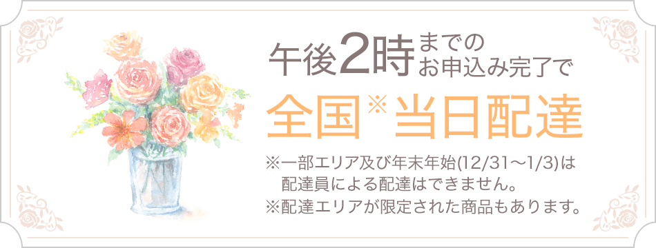 午後2時までのお申込み完了で全国※当日配達 ※一部エリア及び年末年始(12/31～1/3)は配達員による配達はできません。 ※配達エリアが限定された商品もあります。