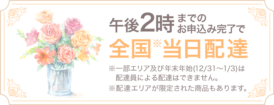 午後2時までのお申込み完了で全国※当日配達 ※一部エリア及び年末年始(12/31～1/3)は配達員による配達はできません。 ※配達エリアが限定された商品もあります。