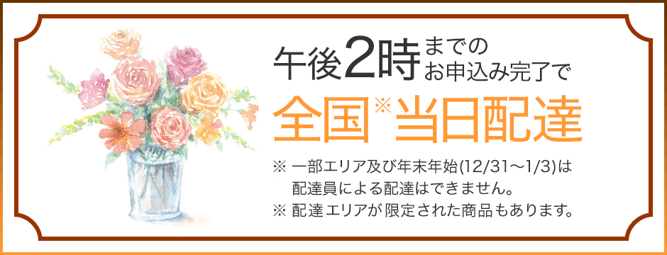 午後2時までのお申込み完了で全国※当日配達 ※一部エリア及び年末年始(12/31～1/3)は配達員による配達はできません。 ※配達エリアが限定された商品もあります。