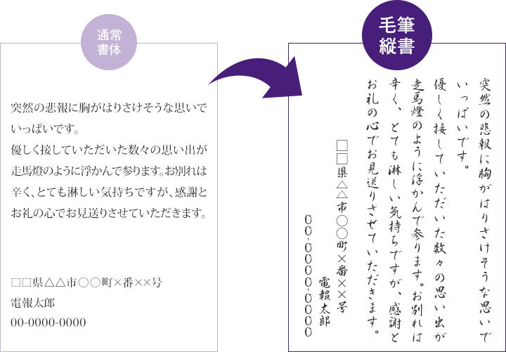 突然の悲報に胸がはりさけそうな思いでいっぱいです。優しく接していただいた数々の思い出が走馬燈のように浮かんで参ります。お別れは辛く、とても淋しい気持ちですが、感謝とお礼の心でお見送りさせていただきます。□□県△△市○○町×番××号 電報太郎 00-0000-0000