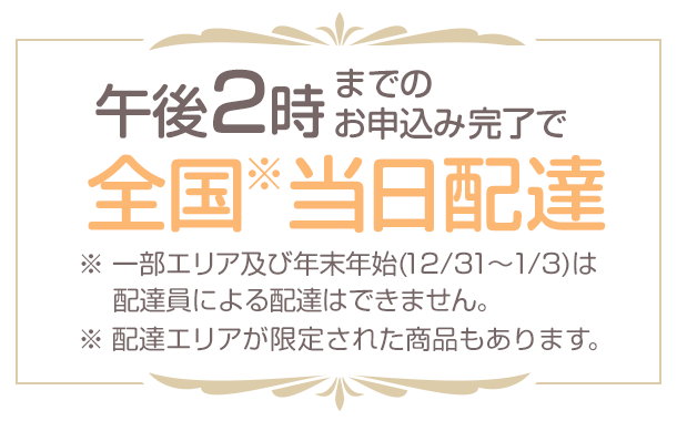 午後2時までのお申込み完了で全国※当日配達 ※一部エリア及び年末年始(12/31～1/3)は配達員による配達はできません。 ※配達エリアが限定された商品もあります。