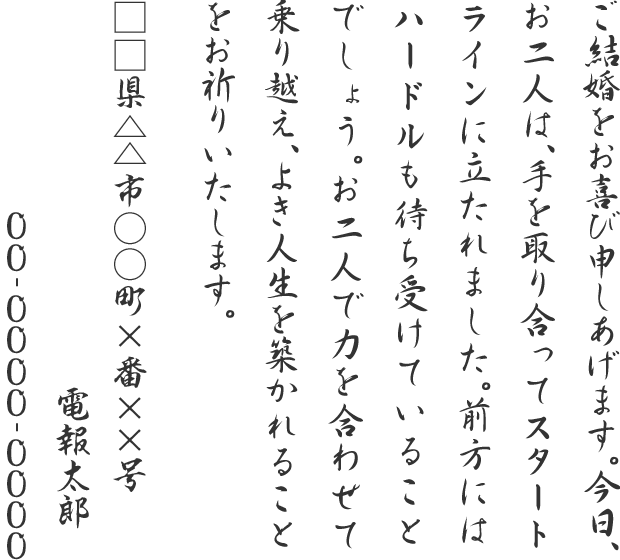 ご結婚をお喜び申しあげます。今日、お二人は、手を取り合ってスタートラインに立たれました。前方にはハードルも待ち受けていることでしょう。お二人で力を合わせて乗り越え、よき人生を築かれることをお祈りいたします。□□県△△市○○町×番××号 電報太郎 00-0000-0000