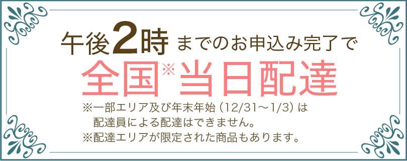 午後2時までのお申込み完了で全国※当日配達 ※一部エリア及び年末年始(12/31～1/3)は配達員による配達はできません。 ※配達エリアが限定された商品もあります。