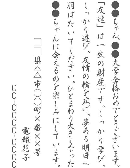 ●●ちゃん、●●大学合格おめでとうございます。「友達」は一生の財産です。しっかり学び、しっかり遊び、友情の輪を広げ、夢ある明日へ羽ばたいてください。ひとまわり大きくなった●●ちゃんに会えるのを楽しみにしています。□□県△△市○○町×番××号 電報花子 00-0000-0000