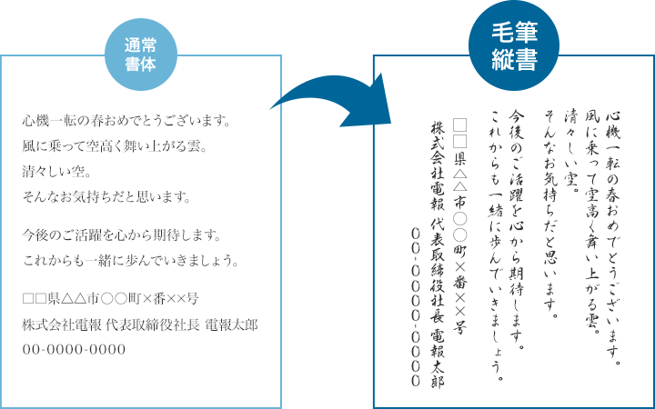 心機一転の春おめでとうございます。風に乗って空高く舞い上がる雲。清々しい空。そんなお気持ちだと思います。今後のご活躍を心から期待します。これからも一緒に歩んでいきましょう。□□県△△市○○町×番××号 株式会社電報 代表取締役社長 電報太郎 00-0000-0000