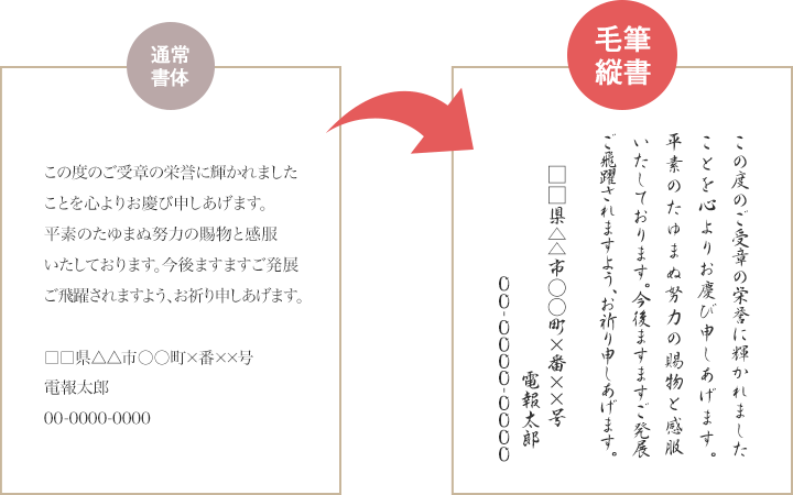 この度のご受章の栄誉に輝かれましたことを心よりお慶び申しあげます。平素のたゆまぬ努力の賜物と感服いたしております。今後ますますご発展ご飛躍されますよう、お祈り申しあげます。□□県△△市○○町×番××号 電報太郎 00-0000-0000