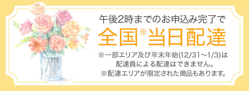 午後2時までのお申込み完了で全国※当日配達 ※一部エリア及び年末年始(12/31～1/3)は配達員による配達はできません。 ※配達エリアが限定された商品もあります。