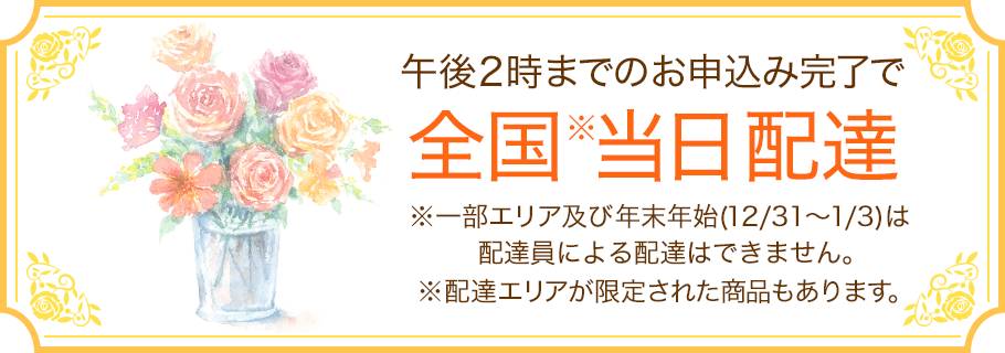 午後2時までのお申込み完了で全国※当日配達 ※一部エリア及び年末年始(12/31～1/3)は配達員による配達はできません。 ※配達エリアが限定された商品もあります。