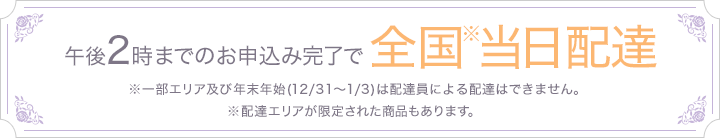 午後2時までのお申込み完了で全国※当日配達 ※一部エリア及び年末年始(12/31～1/3)は配達員による配達はできません。 ※配達エリアが限定された商品もあります。