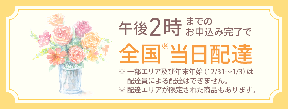 午後2時までのお申込み完了で全国当日配達※ ※ 一部エリア及び年末年始（12/31～1/3）は配達員による配達はできません。※配達エリアが限定された商品もあります。