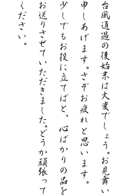 台風通過の後始末は大変でしょう。お見舞い申しあげます。さぞお疲れと思います。少しでもお役に立てばと、心ばかりの品をお送りさせていただきました。どうか頑張ってください。