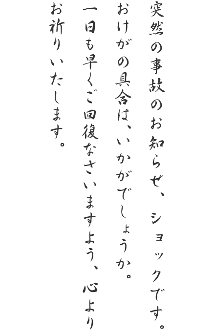 突然の事故のお知らせ、ショックです。おけがの具合は、いかがでしょうか。一日も早くご回復なさいますよう、心よりお祈りいたします。