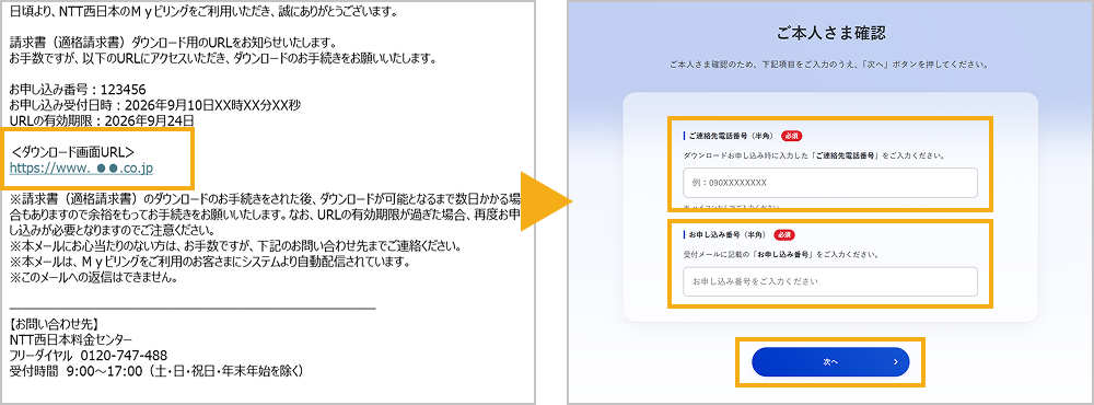 お申し込み受付メール、ご本人さま確認画面