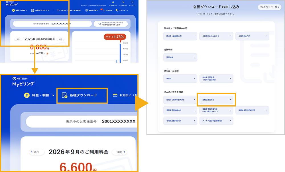 ログイン画面、各種ダウンロード画面