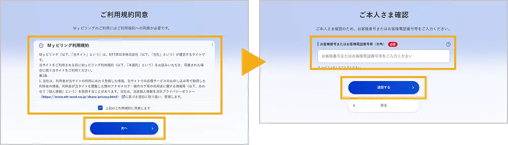 ご利用規約同意画面、ご本人さま確認画面