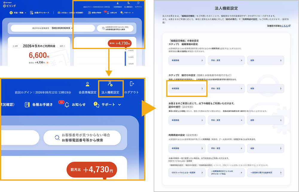 ログイン画面、法人機能設定画面