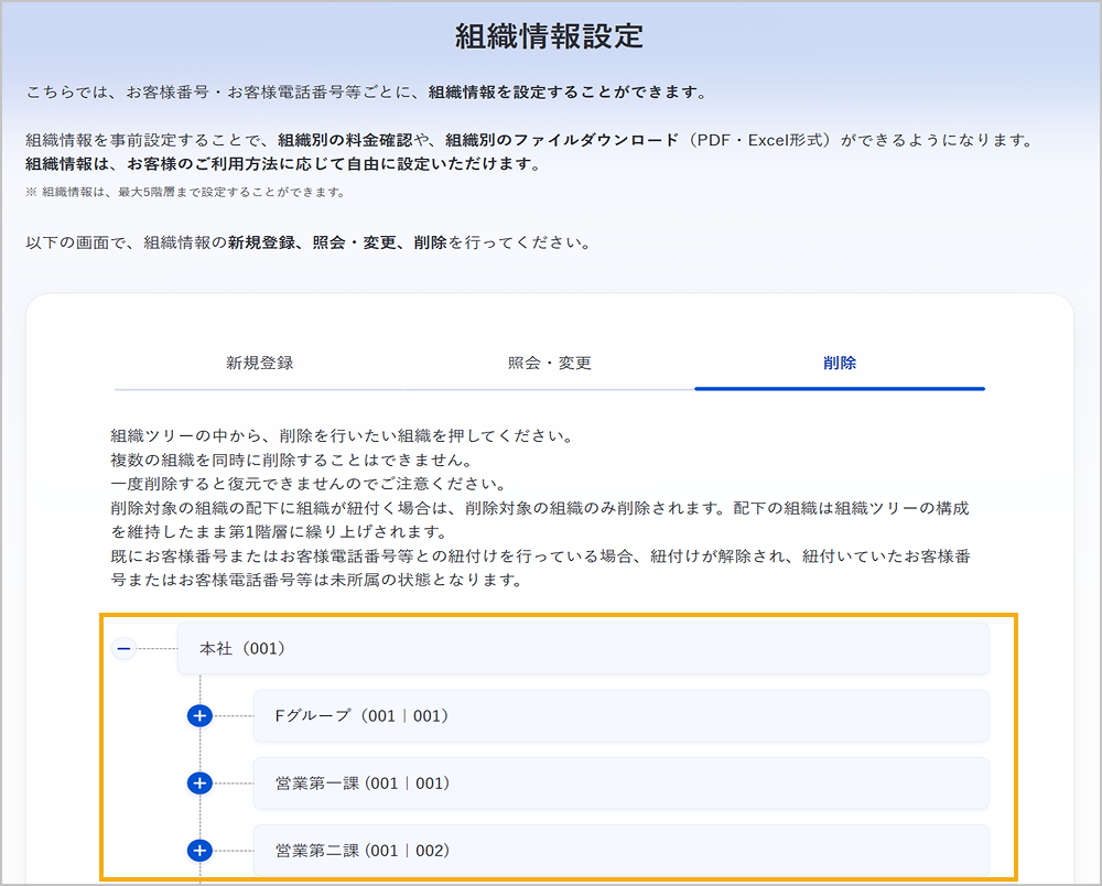 組織情報設定画面（組織ツリー、削除）