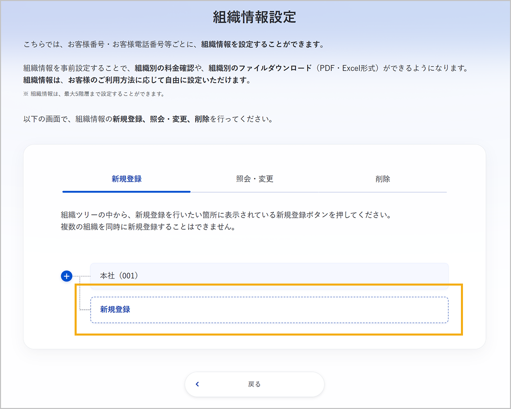 組織情報設定画面（組織ツリー）