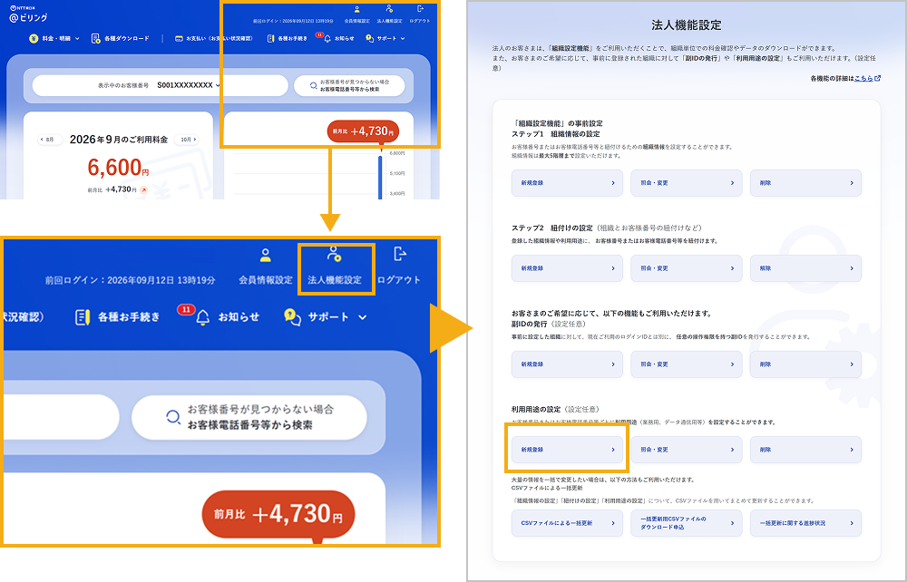 ログイン画面、法人機能設定画面