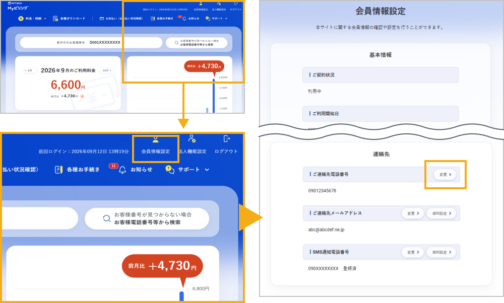 ご連絡先電話番号変更画面へ遷移