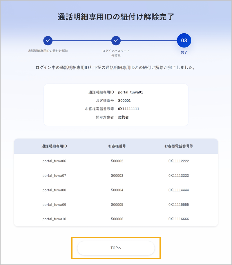 通話明細専用IDの紐付け解除完了