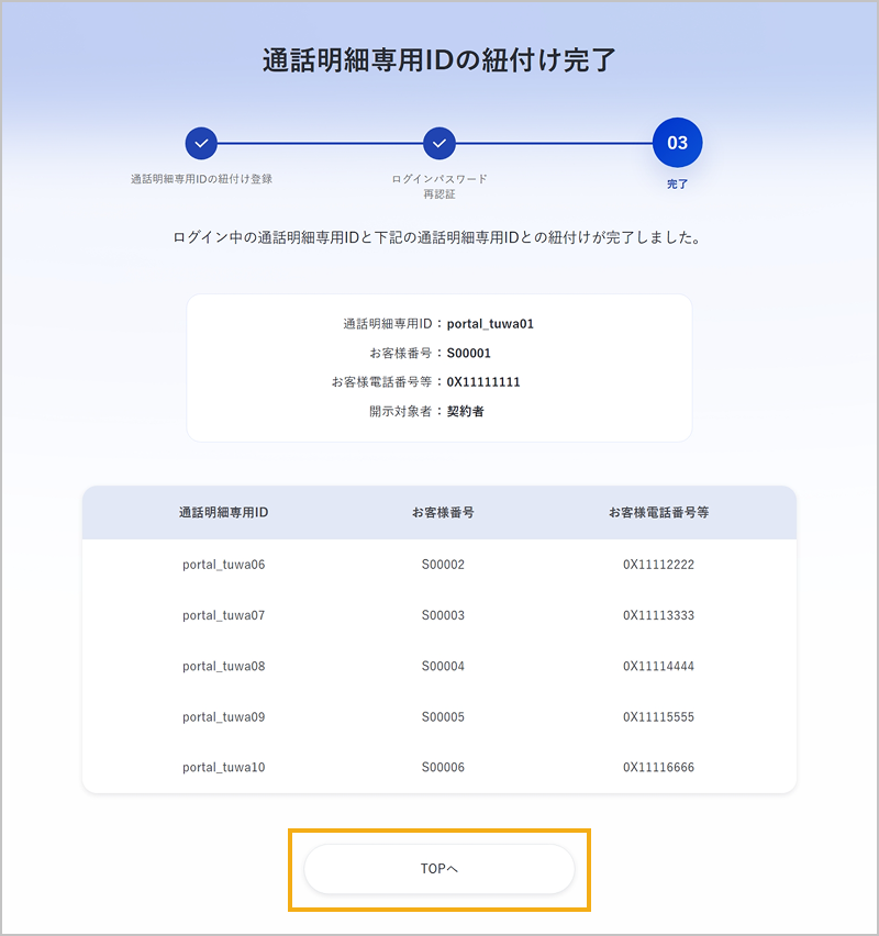 通話明細専用IDの紐付け登録完了