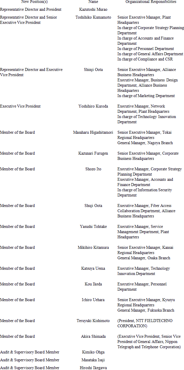 New Position(s) Name Organizational Responsibilities Representative Director and President Kazutoshi Murao Representative Director and Senior Executive Vice President Toshihiko Kumamoto Senior Executive Manager, Plant Headquarters In charge of Corporate Strategy Planning Department In charge of Accounts and Finance Department In charge of Personnel Department In charge of General Affairs Department In charge of Compliance and CSR Representative Director and Executive Vice President Shinji Oota Senior Executive Manager, Alliance Business Headquarters Executive Manager, Business Design Department, Alliance Business Headquarters In charge of Marketing Department Executive Vice President Yoshihiro Kuroda Executive Manager, Network Department, Plant Headquarters In charge of Technology Innovation Department Member of the Board Masaharu Higashitamori Senior Executive Manager, Tokai Regional Headquarters General Manager, Nagoya Branch Member of the Board Kazunari Furugen Senior Executive Manager, Corporate Business Headquarters Member of the Board Shozo Ito Executive Manager, Corporate Strategy Planning Department Executive Manager, Accounts and Finance Department In charge of Information Security Department Member of the Board Shuji Oota Executive Manager, Fiber Access Collaboration Department, Alliance Business Headquarters Member of the Board Yasushi Tohtake Executive Manager, Service Management Department, Plant Headquarters Member of the Board Mikihiro Kitamura Senior Executive Manager, Kansai Regional Headquarters General Manager, Osaka Branch Member of the Board Katsuya Uema Executive Manager, Technology Innovation Department Member of the Board Kou Ikeda Executive Manager, Personnel Department Member of the Board Ichiro Uehara Senior Executive Manager, Kyusyu Regional Headquarters General Manager, Fukuoka Branch Member of the Board Teruyuki Kishimoto (President, NTT FIELDTECHNO CORPORATION) Member of the Board Akira Shimada (Executive Vice President,  Senior Vice President of General Affairs, Nippon Telegraph and Telephone Corporation) Audit & Supervisory Board Member Kimiko Ohga Audit & Supervisory Board Member Masataka Isaji Audit & Supervisory Board Member Hiroshi Ikegawa