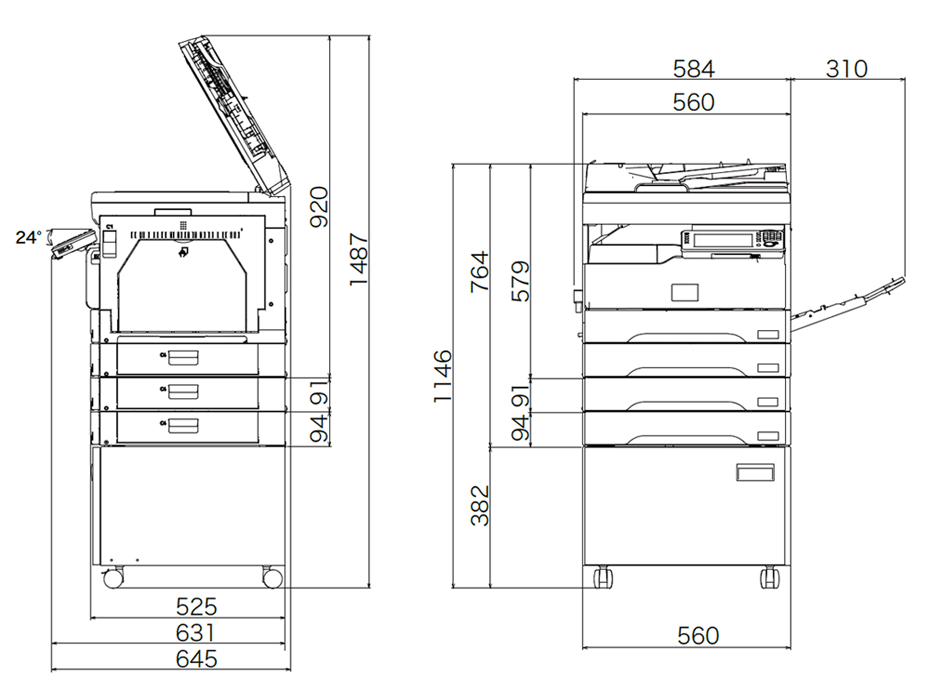 外形寸法（標準＋増設給紙カセット×2段＋専用台）